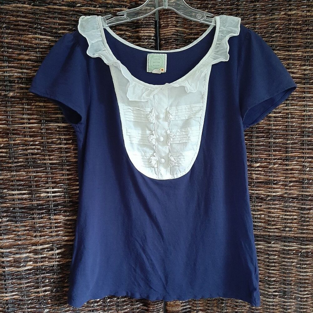 Anthropologie Little Yellow Button Tee Small Blue Pintuck Ruffle Twee Coquette